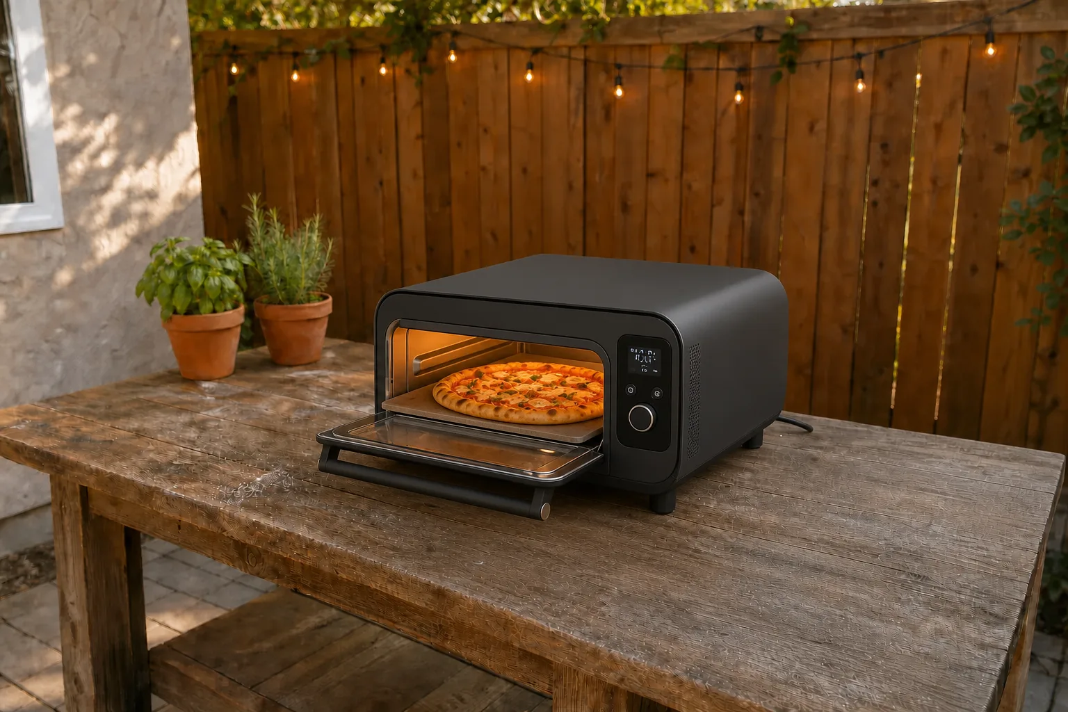 Editorial image representing Ninja Artisan Outdoor Electric Pizza Oven in use